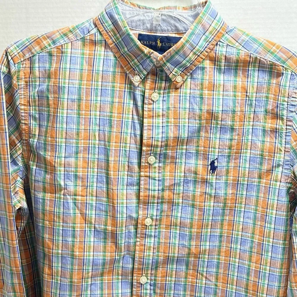 Polo Ralph Lauren Boys Size XL Orange/Blue  Plaid Button Front Oxford Shirt